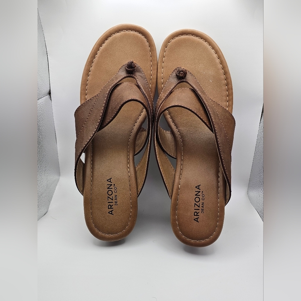 Arizona Jean Co Brown Wedge Thong Sandals Slip-On Comfort Summer Shoes - Sz 10 - Picture 6 of 7